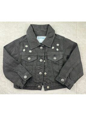 Old Navy Toddler Girls Black Cropped Denim Jacket with Daisy Embroidery